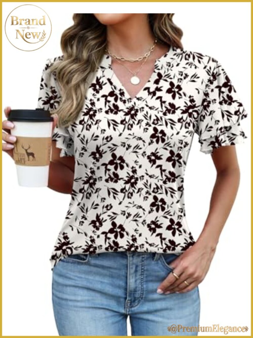 Ruffle Short Sleeve V Neck Tunic Blouse Soft Polyester Blend Casual Work Top